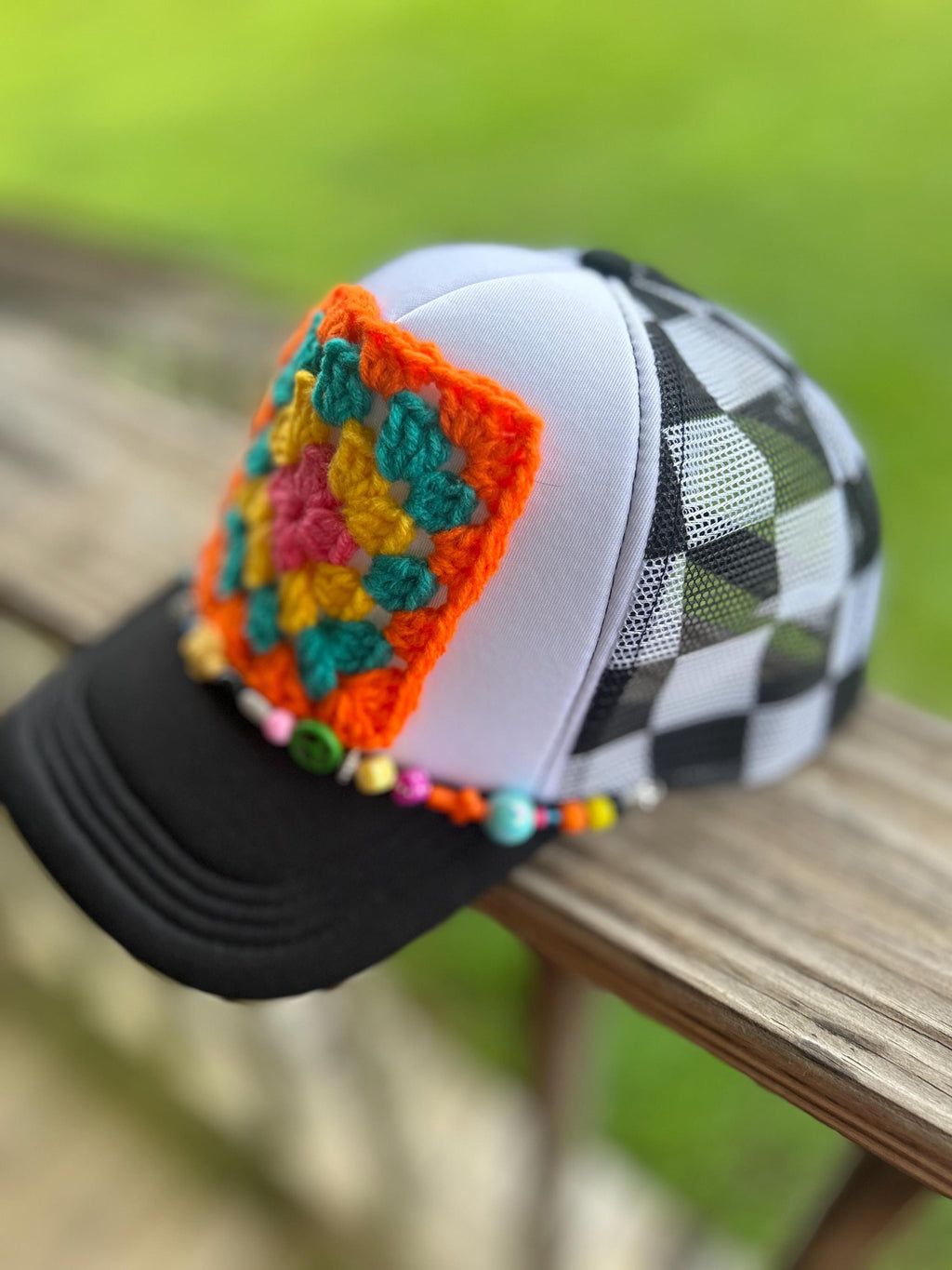 Handmade Granny Square Trucker Hat | Colorful Crochet Patch, Boho Western Baseball Cap