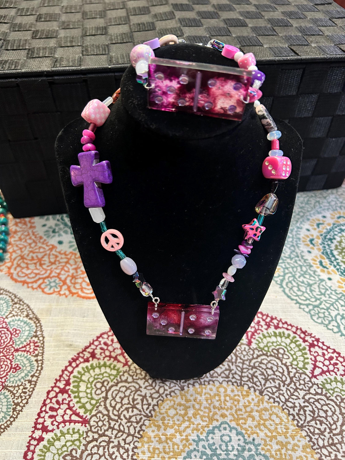 Custom Resin Domino Necklace Bracelet Set |Dopaine necklace | Boho Statement Dopamine Jewelry