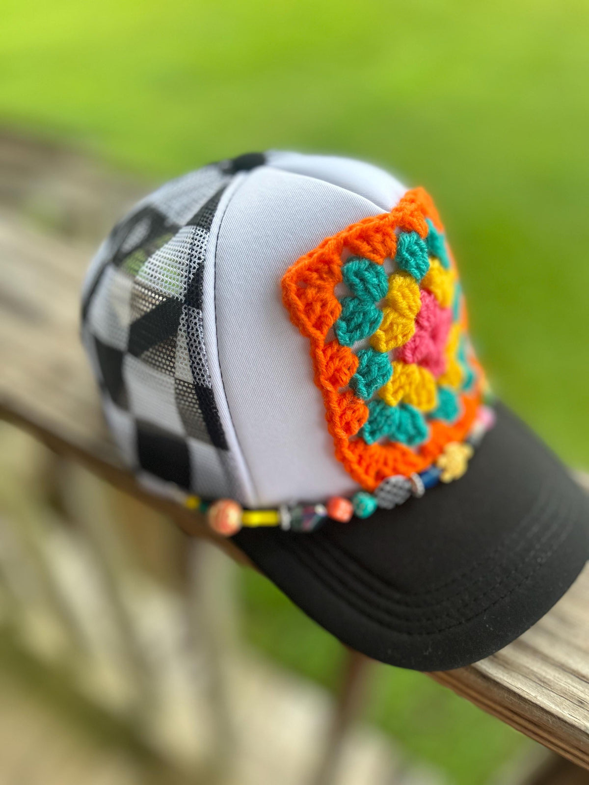Handmade Granny Square Trucker Hat | Colorful Crochet Patch, Boho Western Baseball Cap