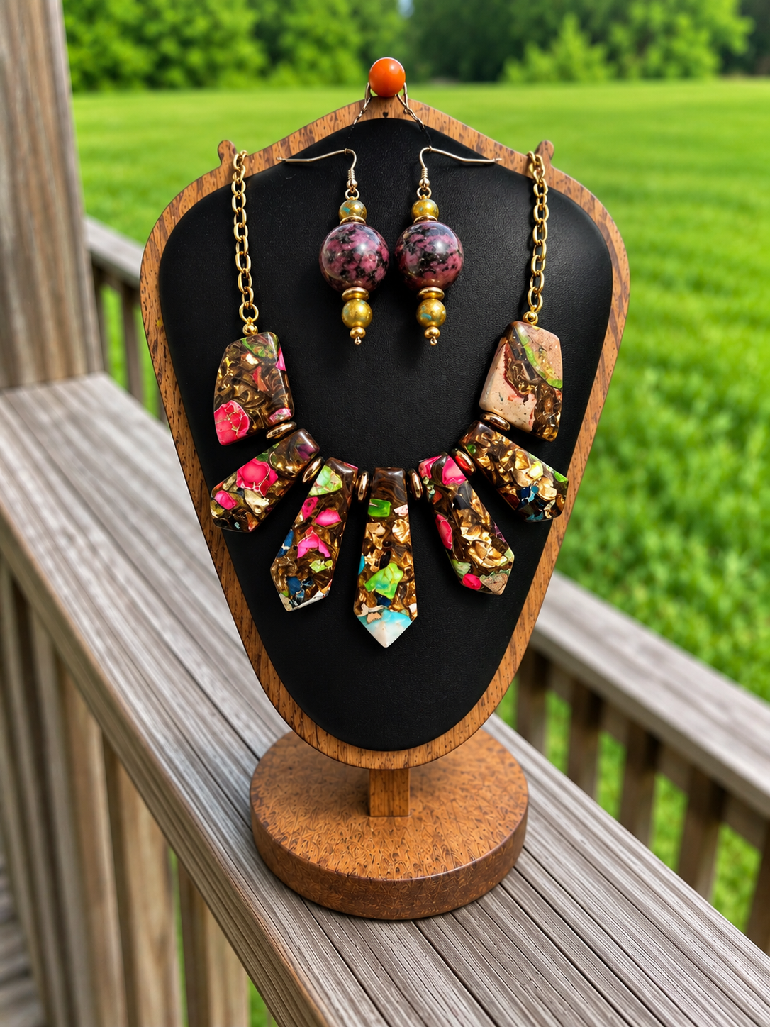 Mosaic Stone Collar Necklace & Earring Set