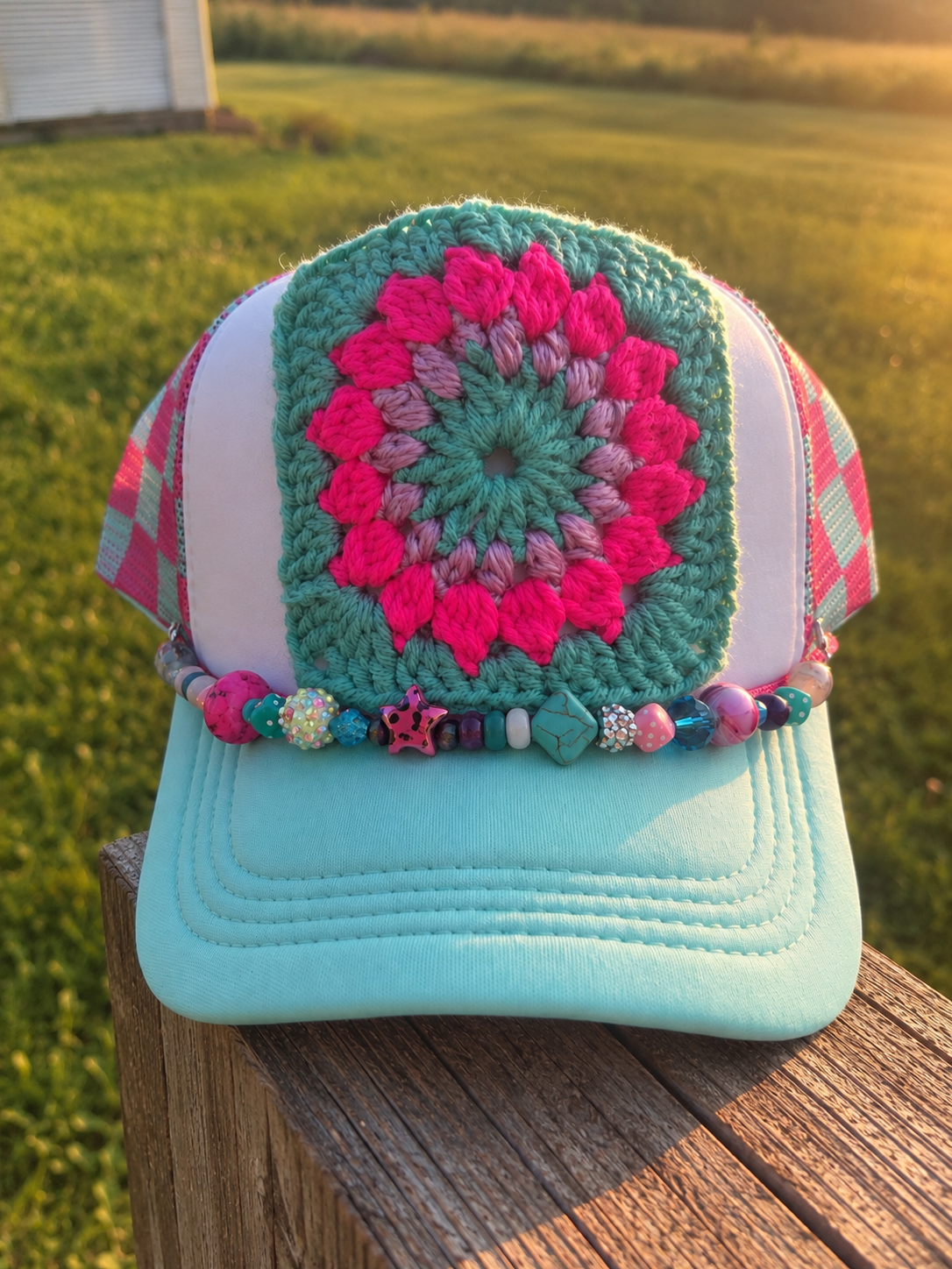 Aqua & Pink Handmade Crochet Granny Square Trucker Hat with Beaded Hat Chain