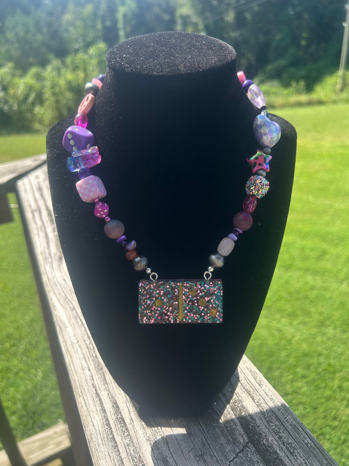 Sunshine-color handmade domino-style statement necklace with playful mixed beads.