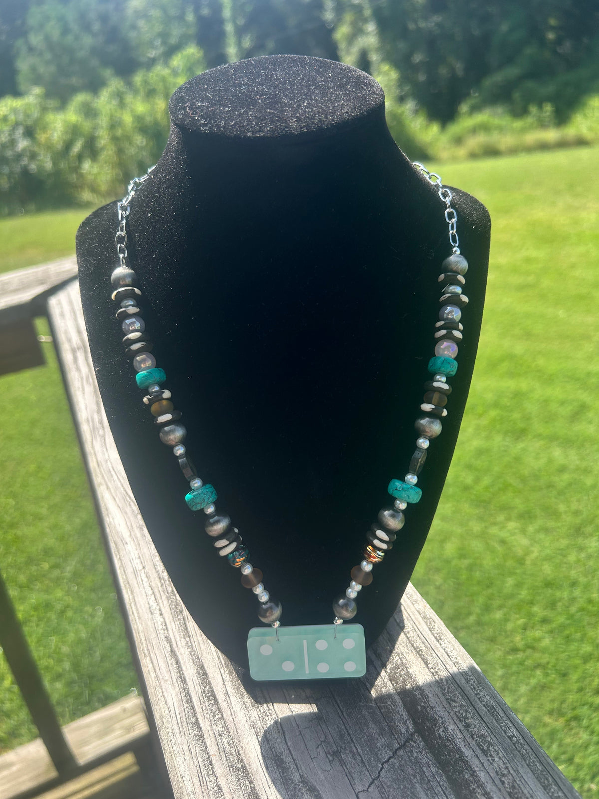 Turquoise-color handmade western-boho chain necklace with cork barrel-style focal.