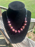 Handmade blush pink and brown western boho necklace with mixed stone-style beads and silver-tone chain.
