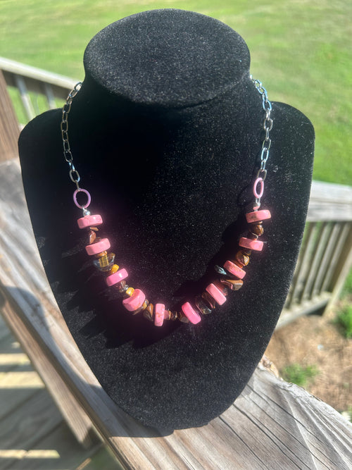 Handmade blush pink and brown western boho necklace with mixed stone-style beads and silver-tone chain.