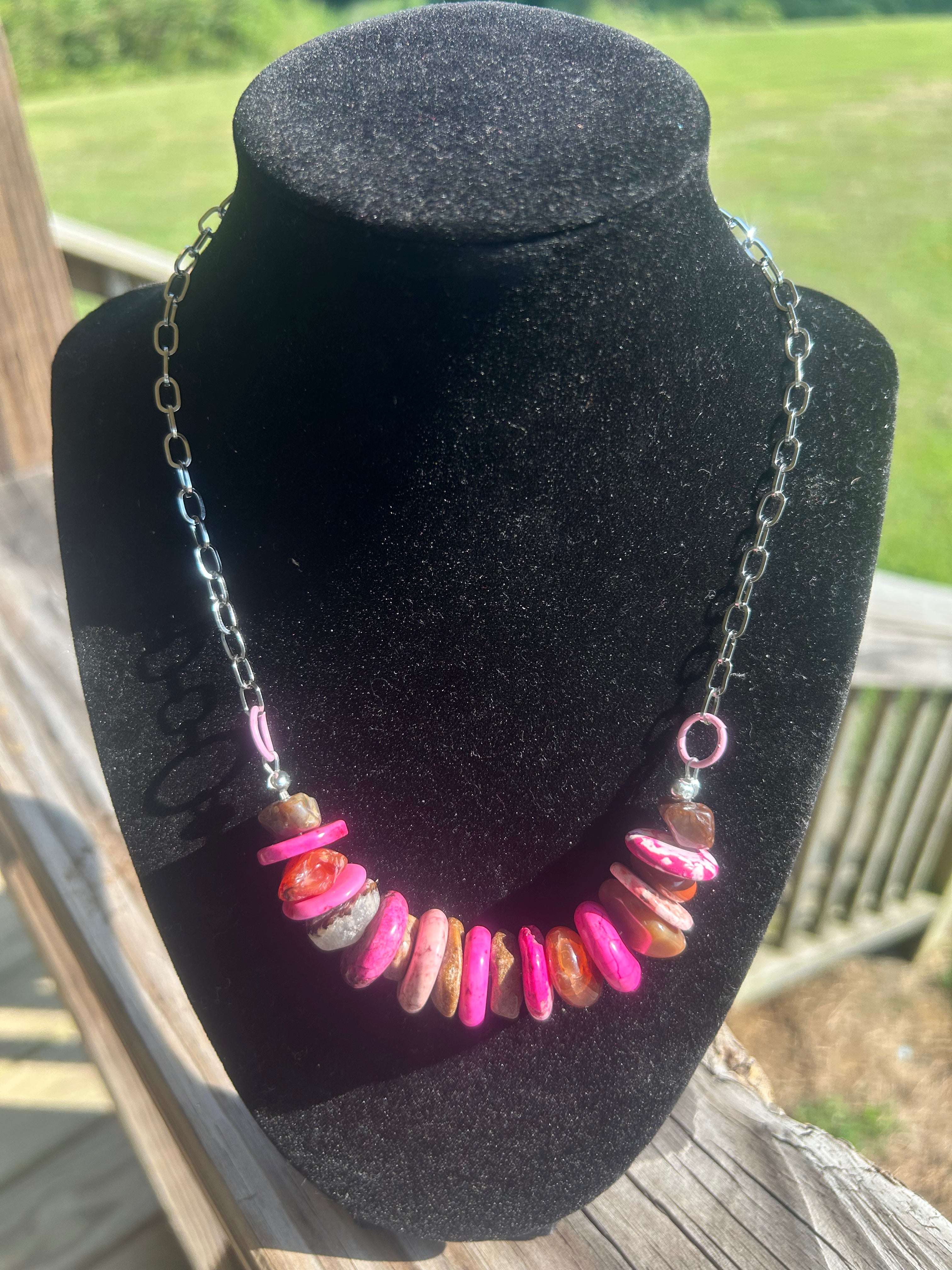 Handmade hot pink blush and brown stone-style chip necklace with silver-tone paperclip chain.