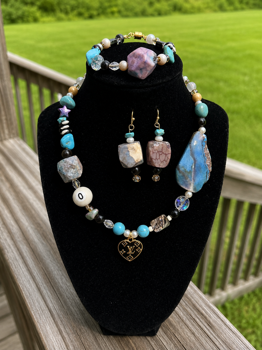 Blue and turquoise-color handmade necklace and earring set with eclectic heart focal.