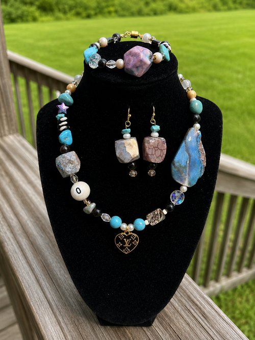 Blue and turquoise-color handmade necklace and earring set with eclectic heart focal.