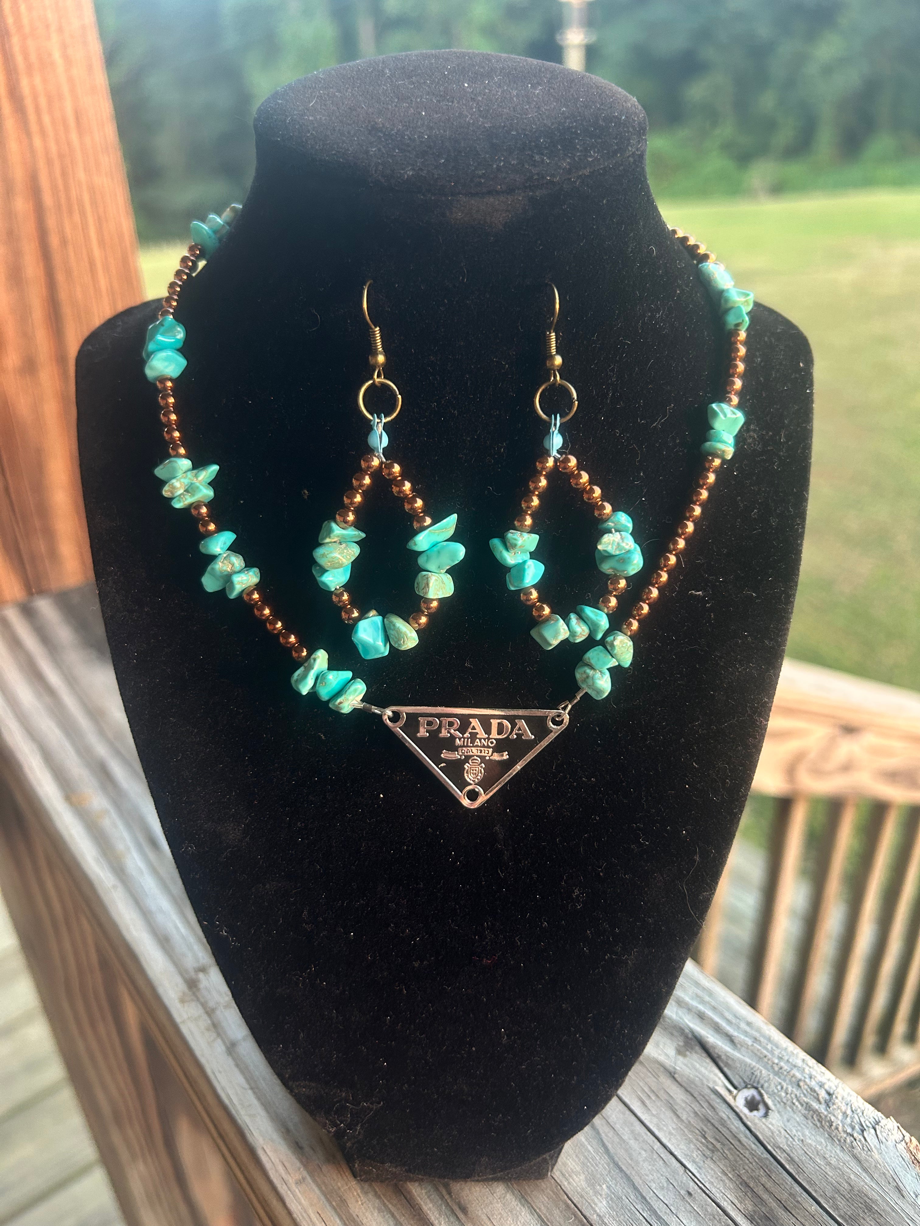 Turquoise-color and bronze-tone handmade western jewelry set with geometric triangle focal.