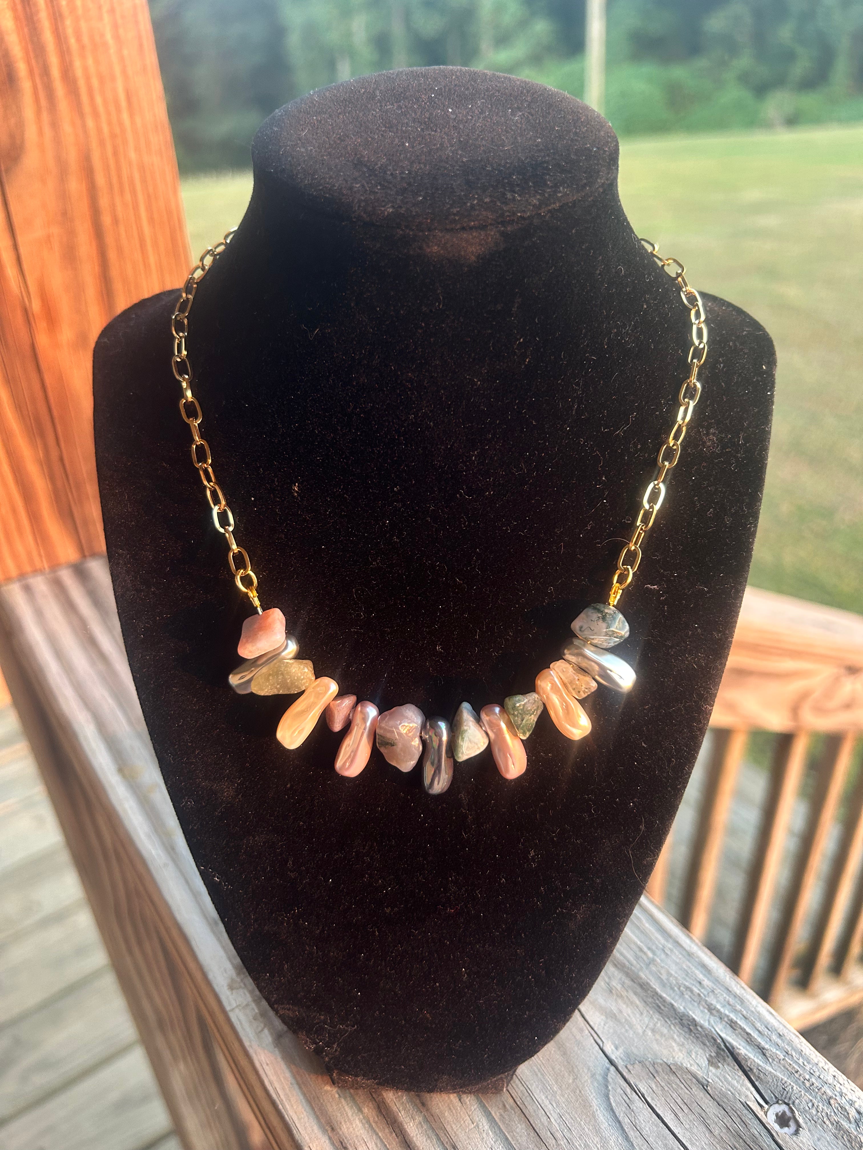 Blush pearl-style and stone-style handmade chain necklace with silver-tone details.