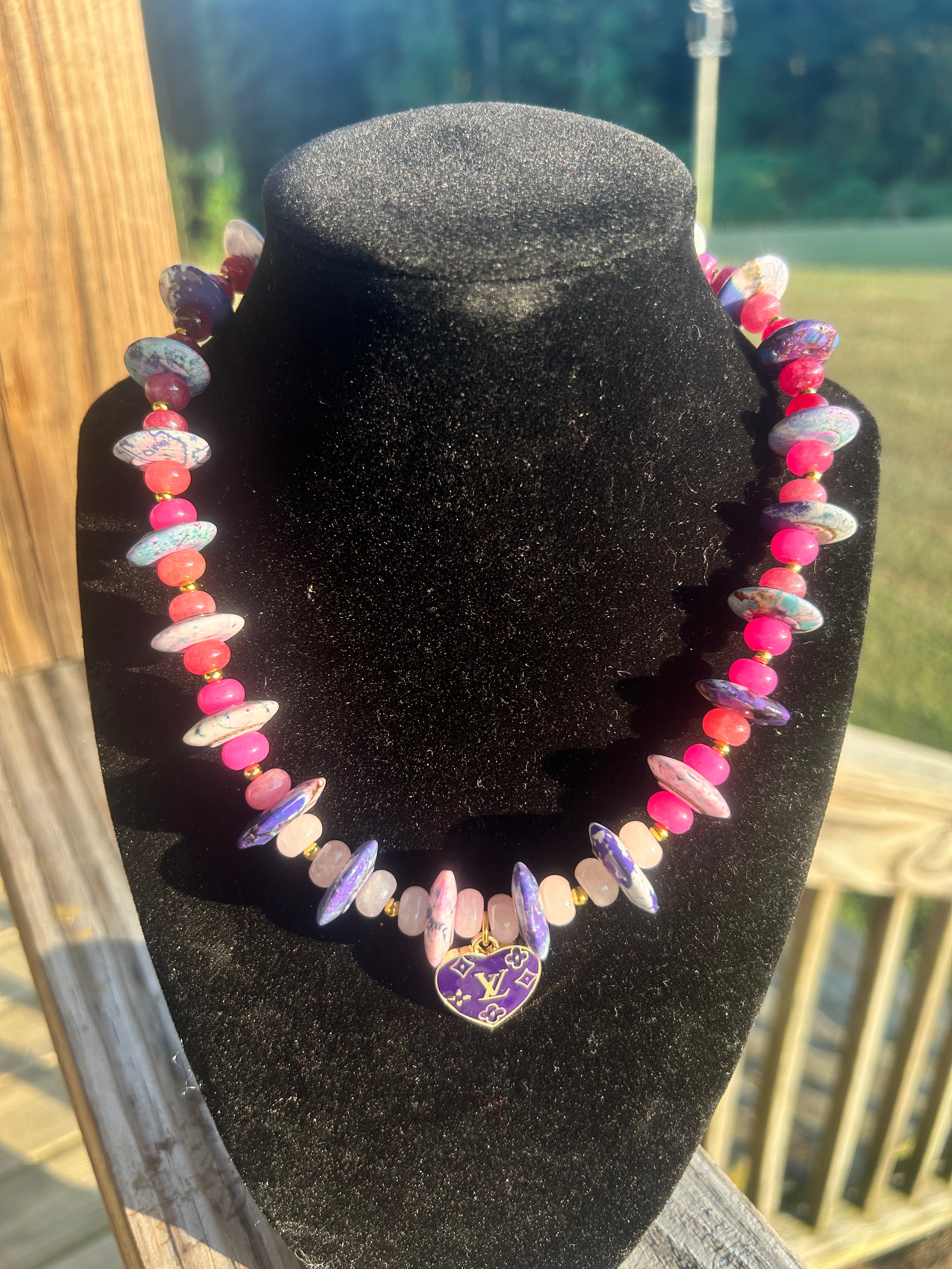 Hot pink purple and blue handmade statement necklace with heart focal.