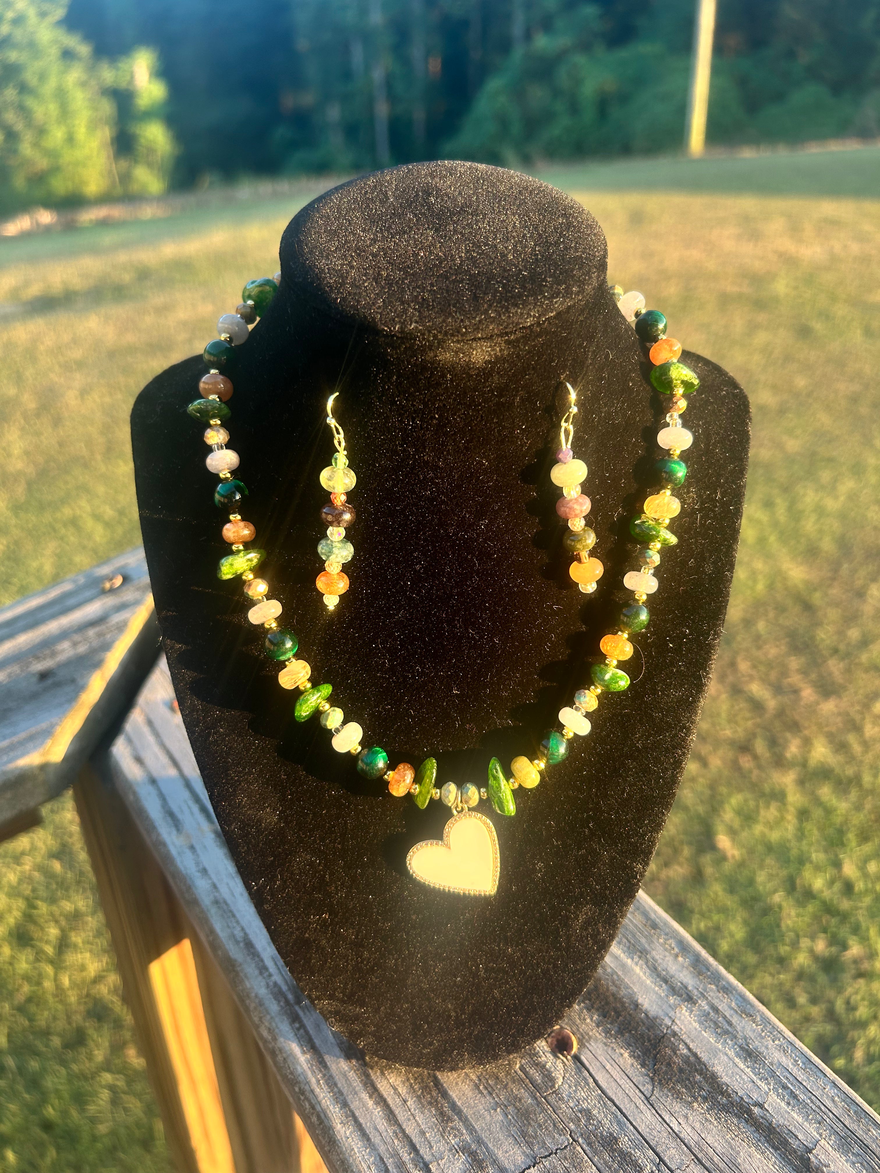 Green Heart Eclectic Beaded Necklace & Earring Set