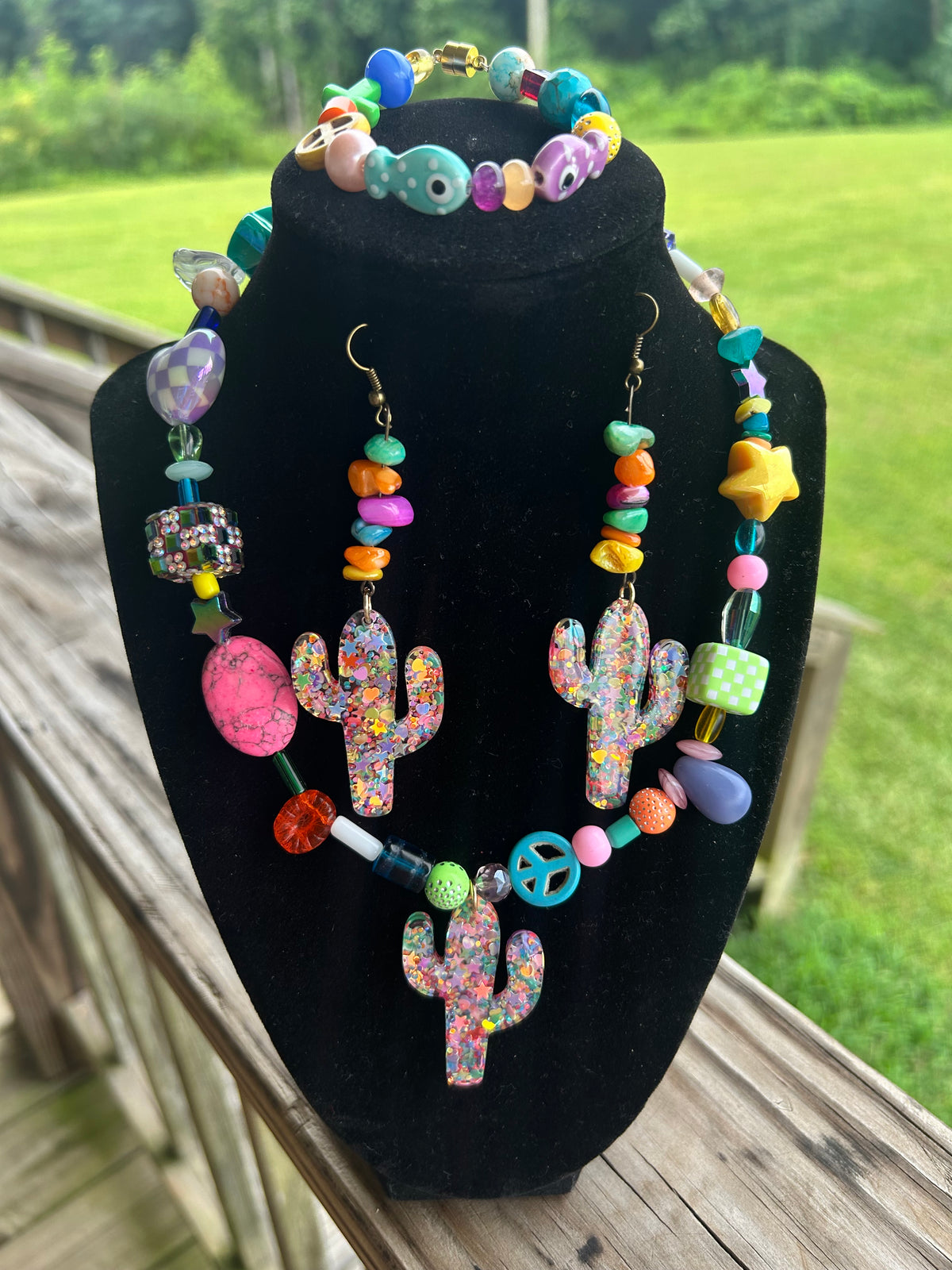Colorful Cactus Charm Party Statement Necklace