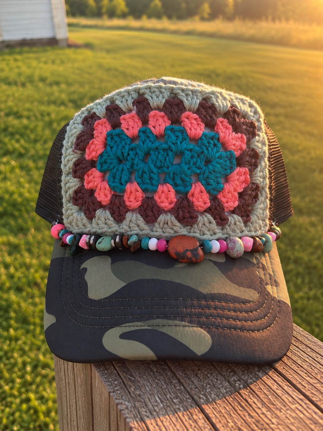 Camo handmade crochet granny square trucker hat with colorful beaded hat chain