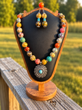 Colorful beaded Western pendant necklace with matching earrings