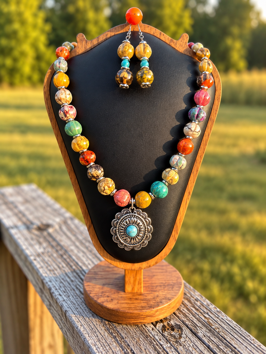 Colorful beaded Western pendant necklace with matching earrings