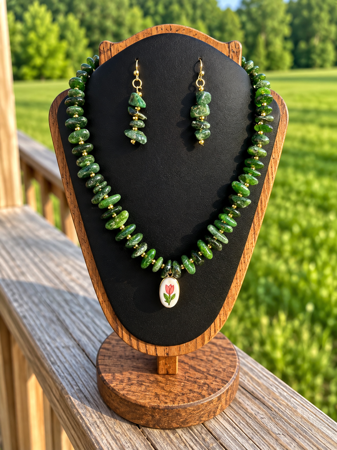 Triple Creek Studio dark green aventurine necklace and matching earrings with floral pendant