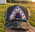 Olive and camo handmade crochet granny square trucker hat with turquoise beaded hat chain