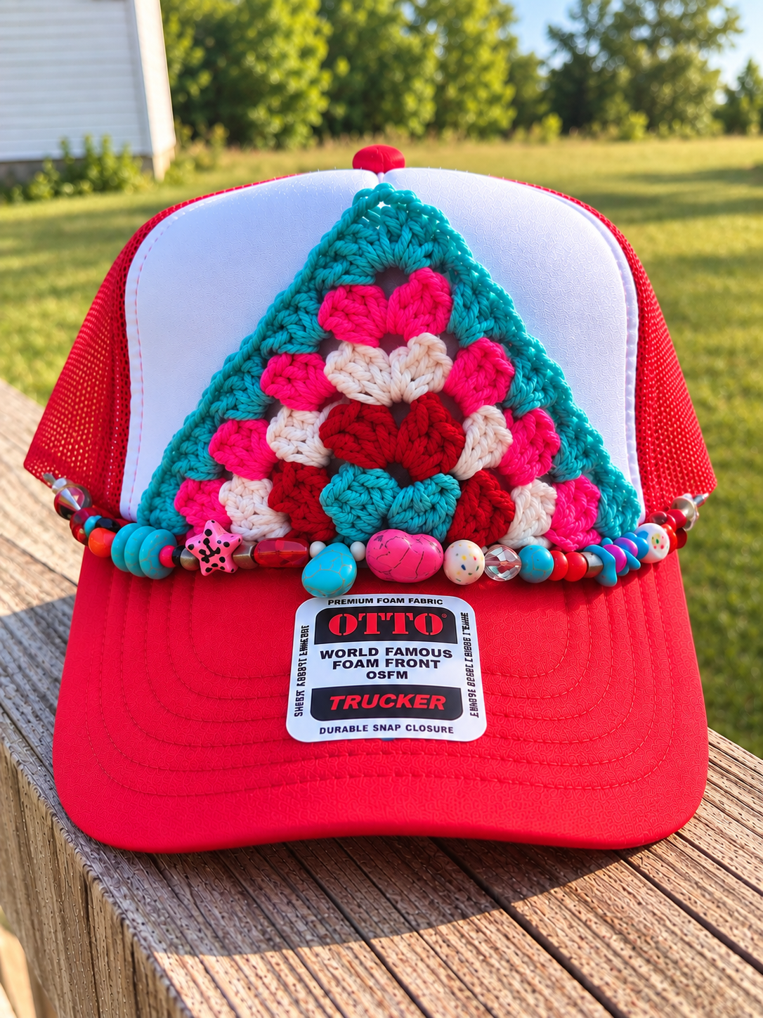 Red and white handmade crochet granny square trucker hat with turquoise pink red crochet and colorful beaded hat chain