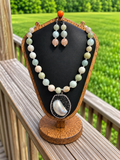 Triple Creek Studio pastel stone necklace and matching earrings with black druzy and mother-of-pearl pendant