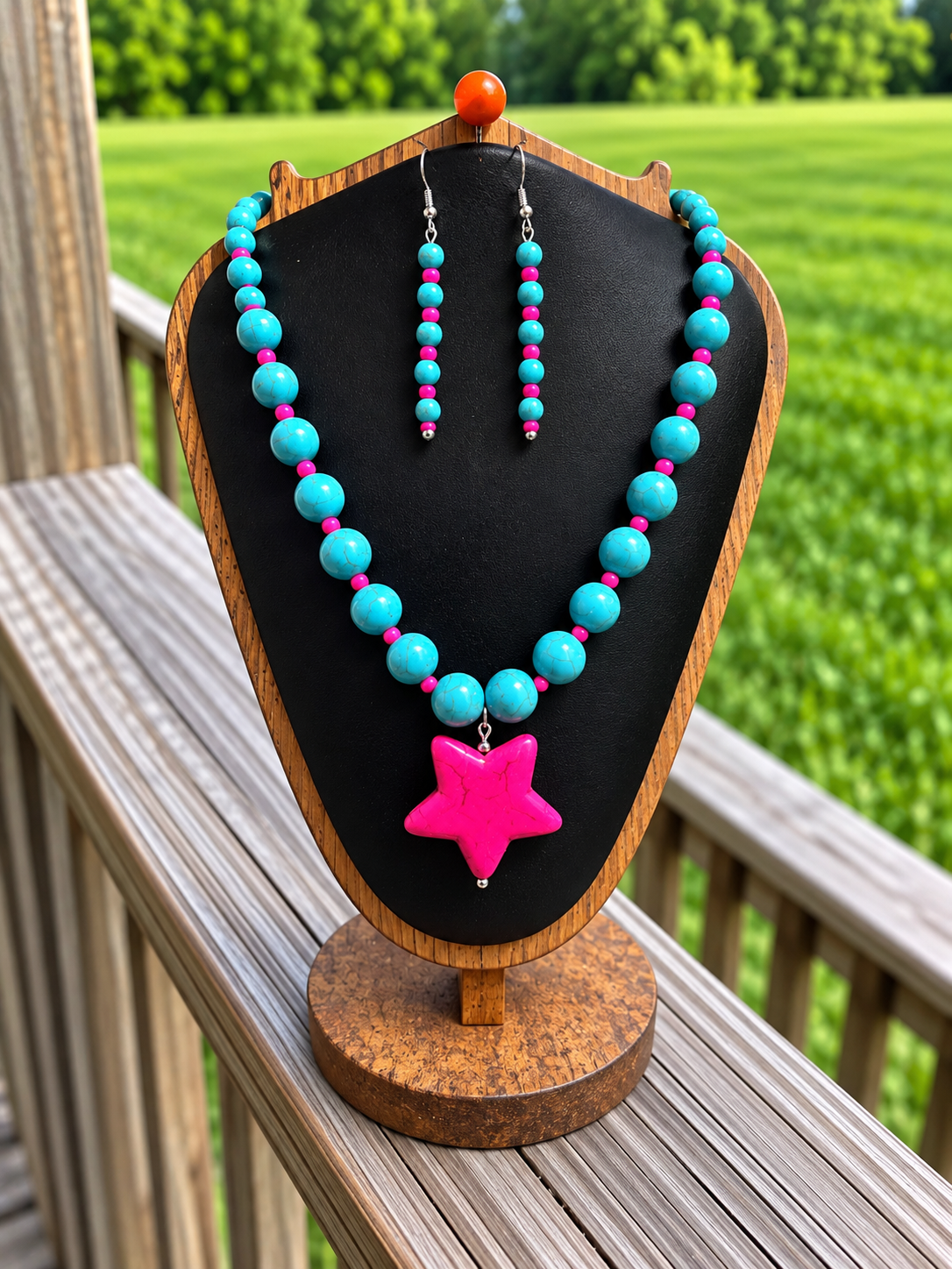 Triple Creek Studio turquoise and hot pink star necklace with matching earrings